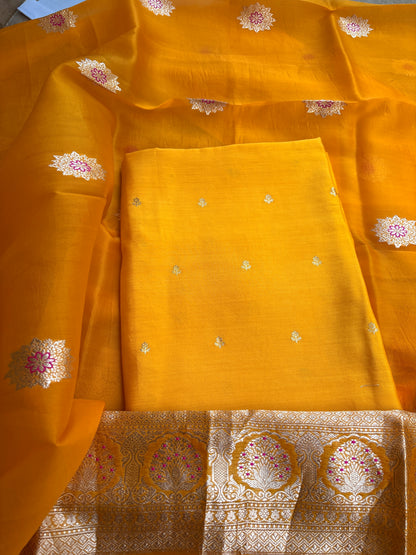 Yellow Chiniya silk kurta , bottom and kora silk dupatta