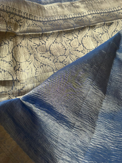 Blue tissue saree hand crushed.