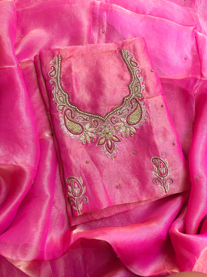 Pink tissue hand embroidered pure silk suit set