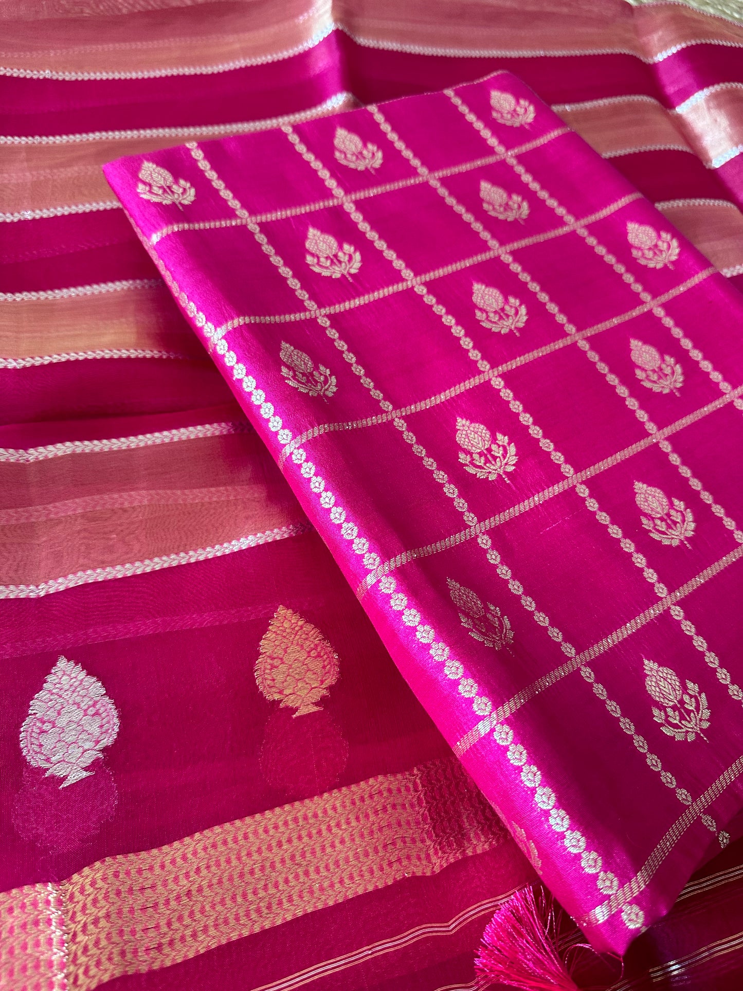 Pink chiniya katan silk suit, kora tissue dupatta, plain bottom