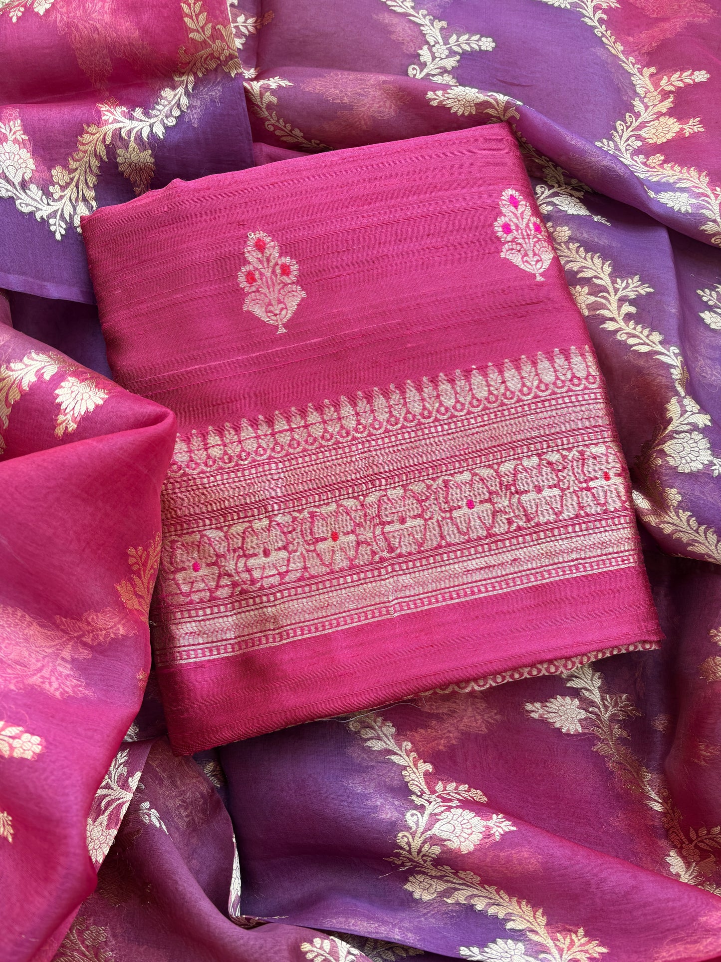 Pink raw silk suit with rangkat dupatta