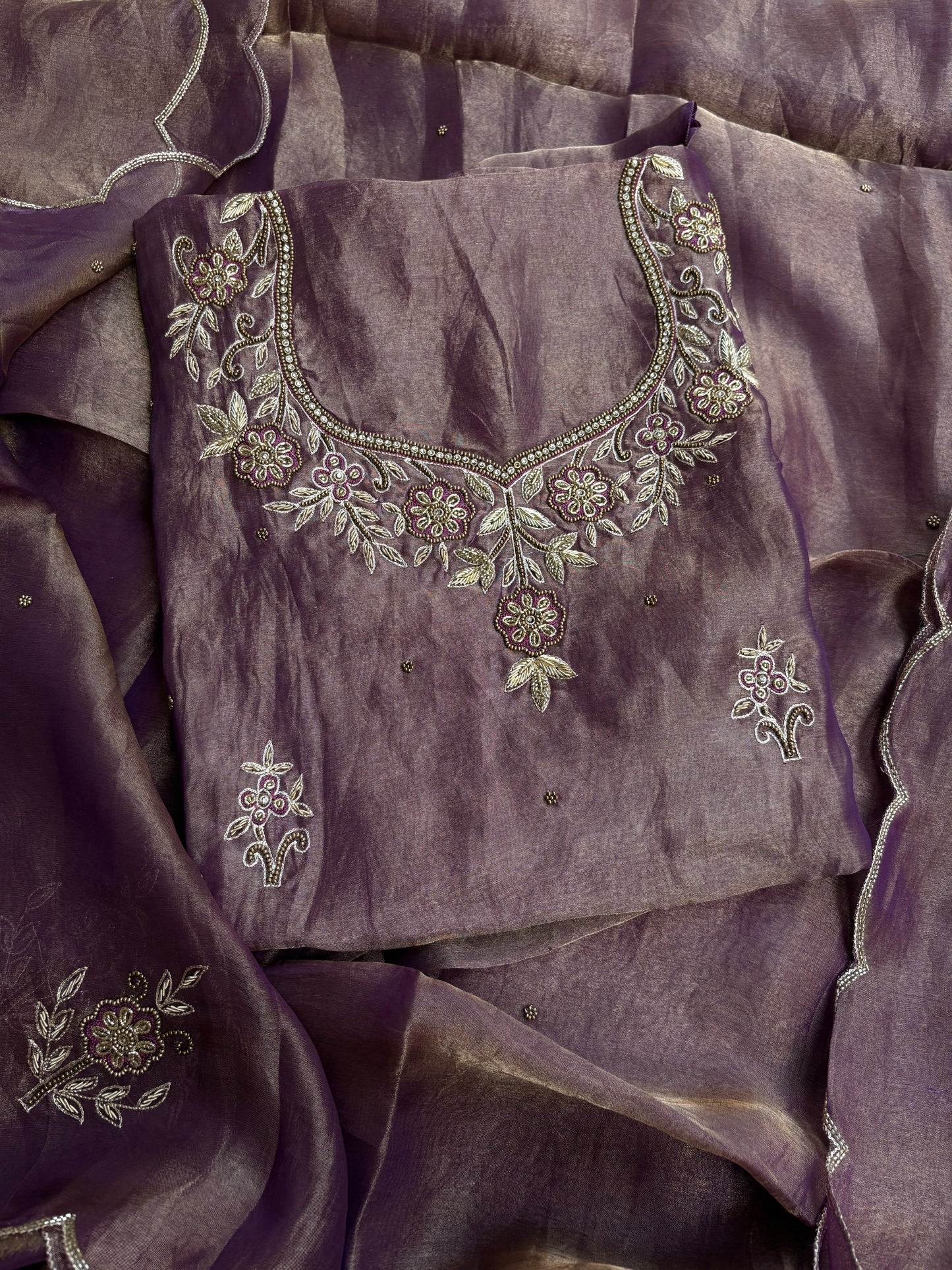 Purple tissue hand embroidered suit set