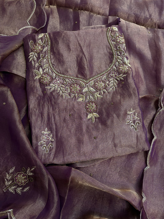 Purple tissue hand embroidered suit set