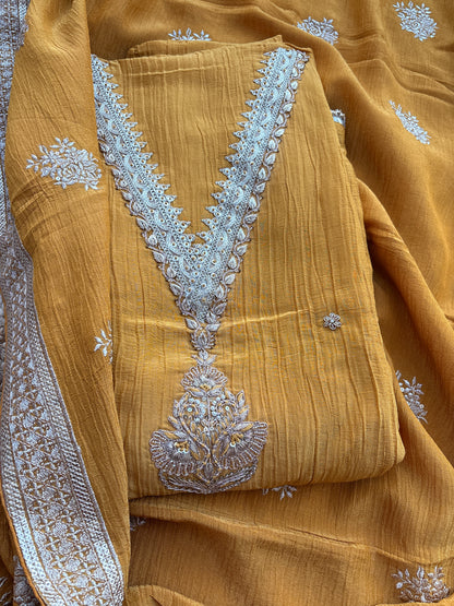 Yellow crush tissue embroidered suit set