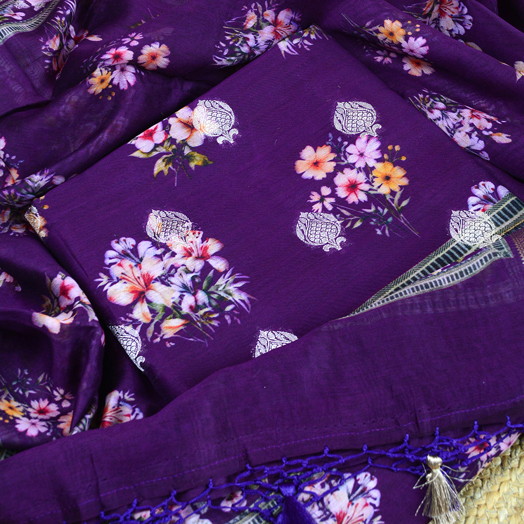 Purple Chanderi silk printed suit set