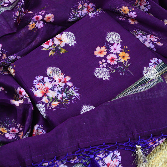 Purple Chanderi silk printed suit set