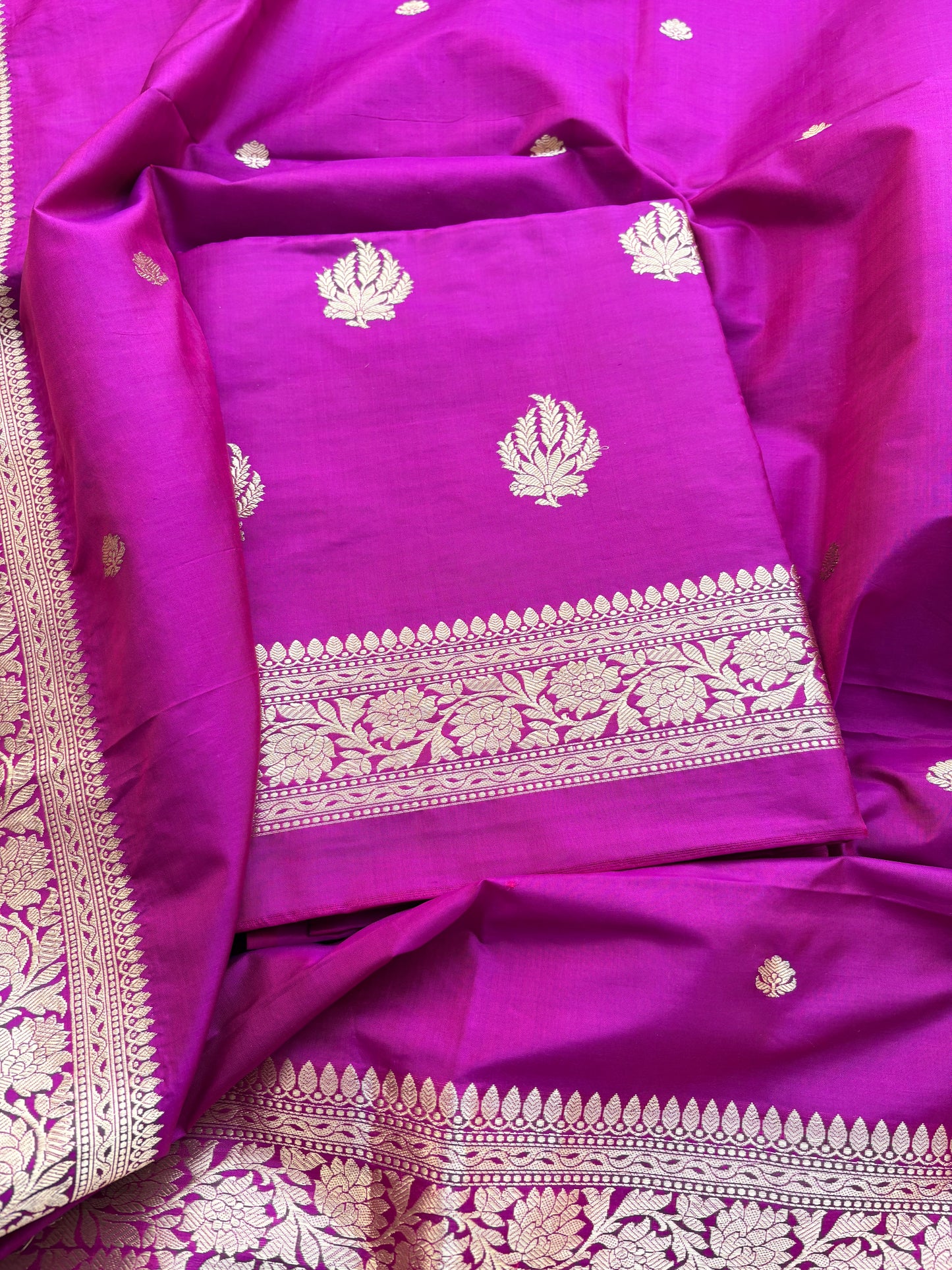 Magenta katan by katan silk kadhwa suit set