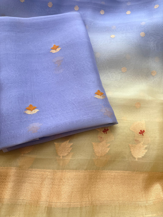 Lavender kora silk suit with yellow shaded dupatta