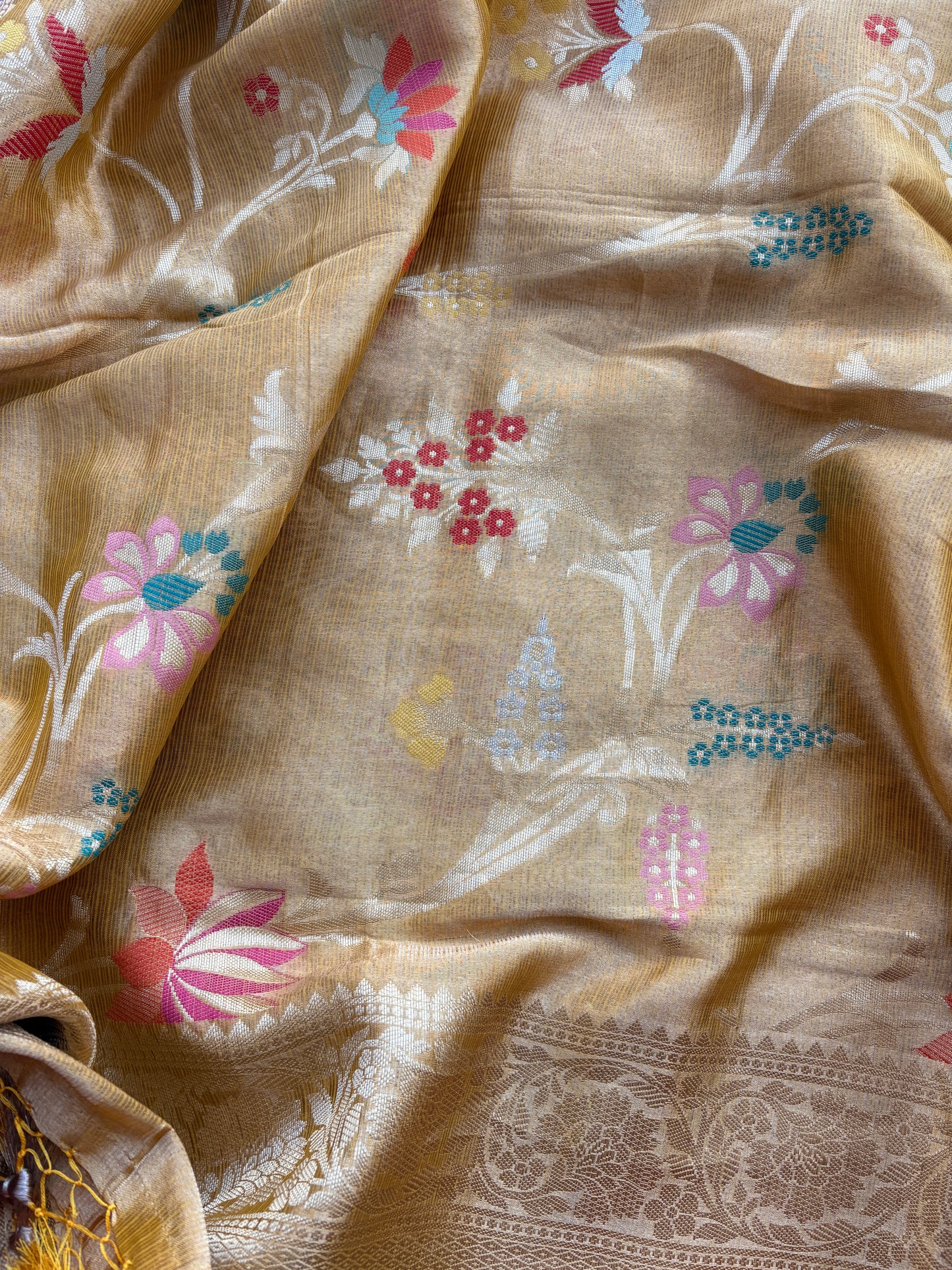 Yellow tissue suit with Kota tissue tilfi dupatta