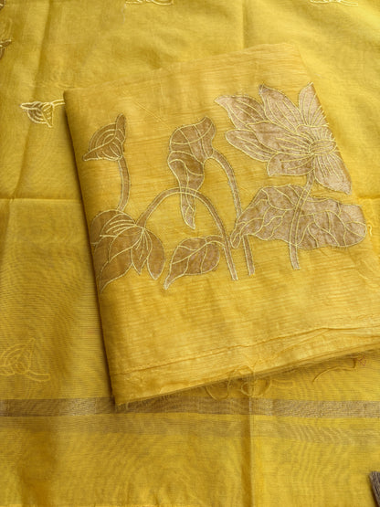 Yellow mul Chanderi appliqué work suit set