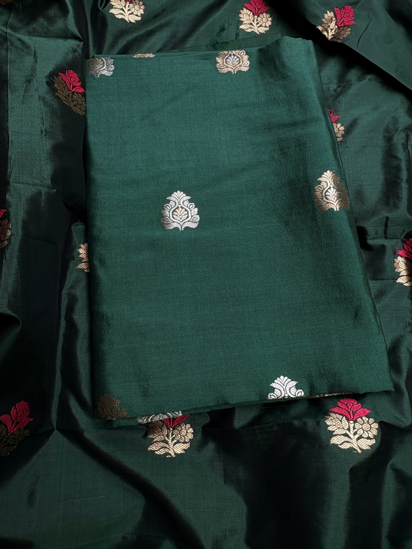 Green Chiniya silk kurta, bottom, katan silk kadhwa dupatta