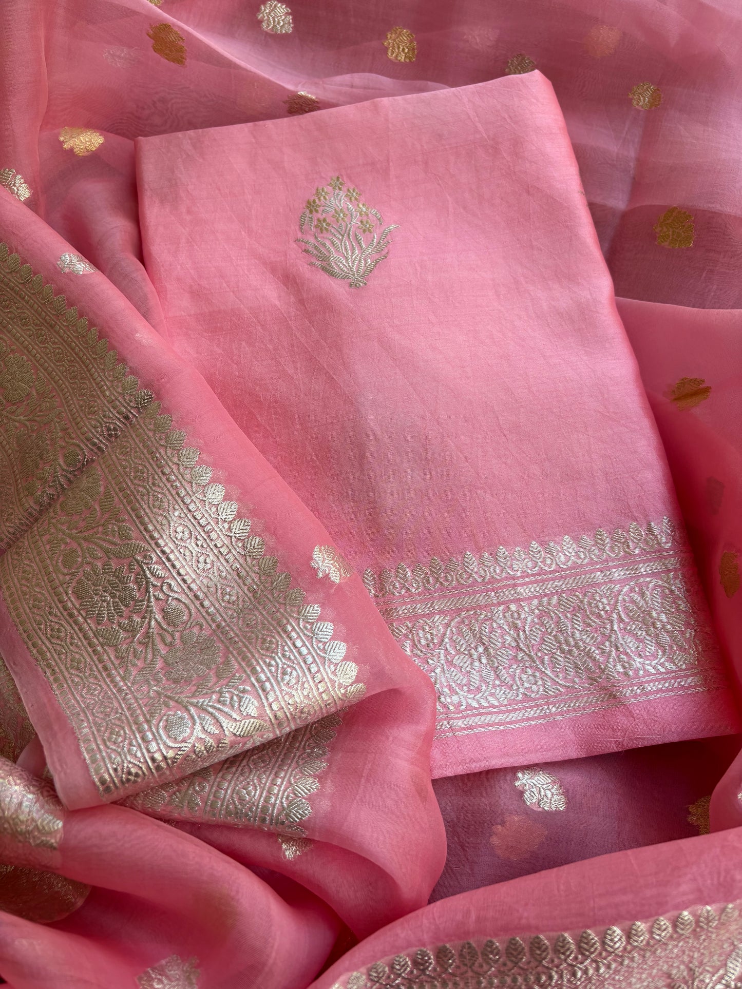Pink pure silver zari chiniya kurta, kora dupatta, plain silk bottom.