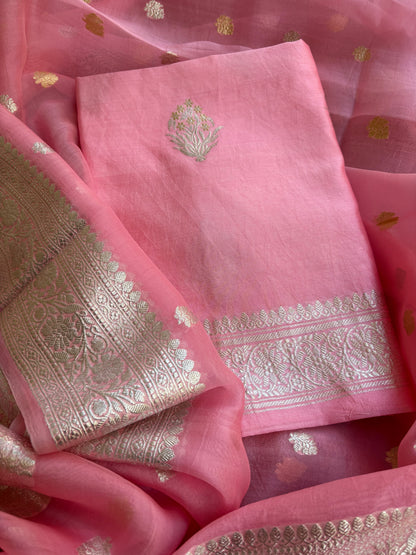 Pink pure silver zari chiniya kurta, kora dupatta, plain silk bottom.