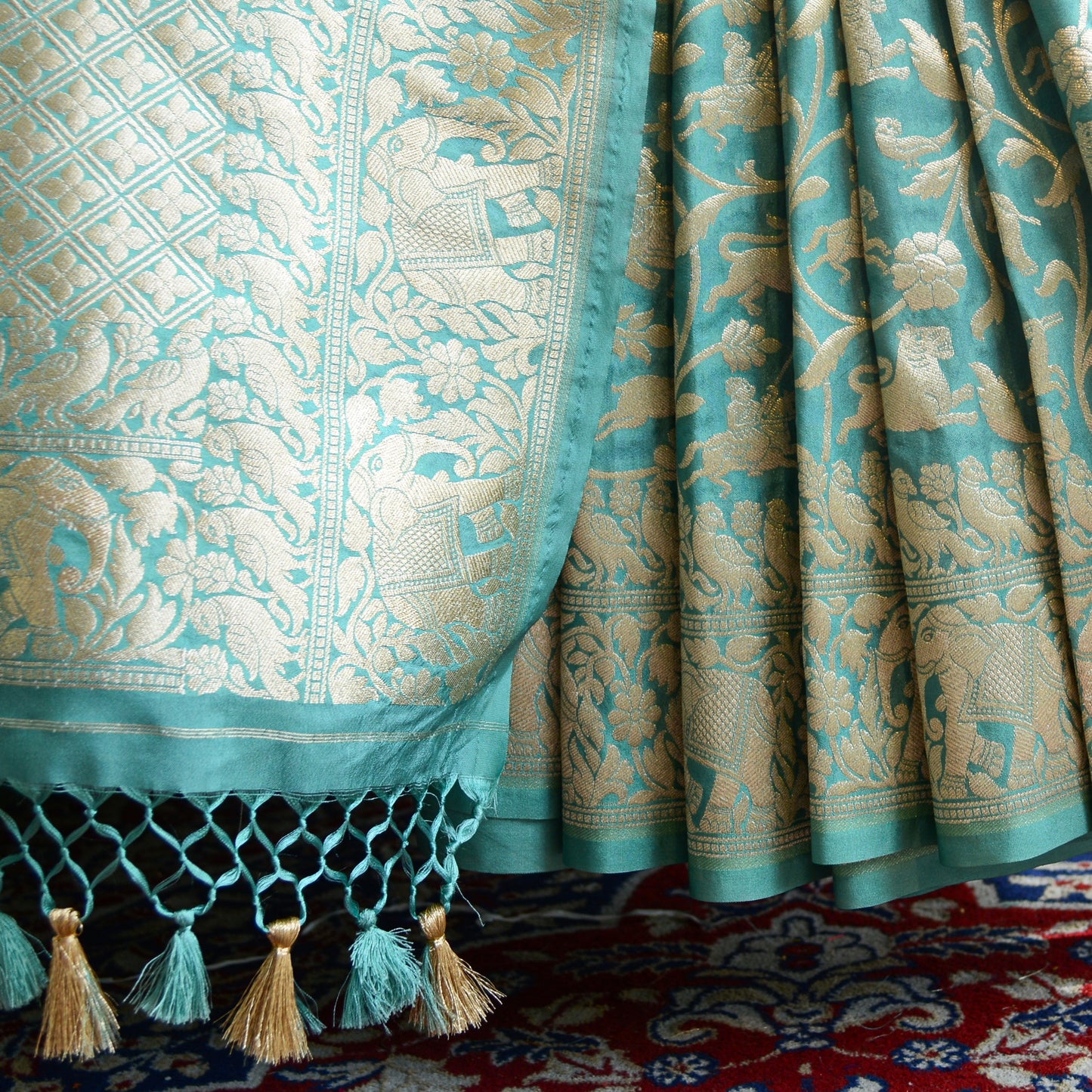 Turquoise Green Shikargah Silk Saree