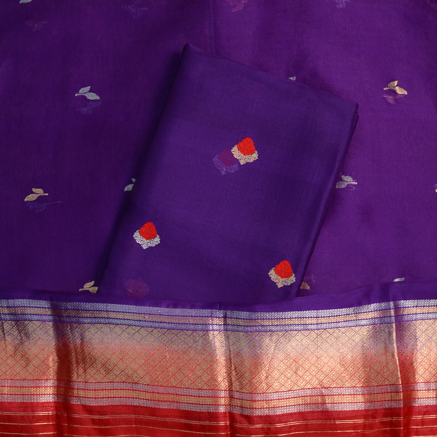 Purple kora silk suit with red shade dupatta