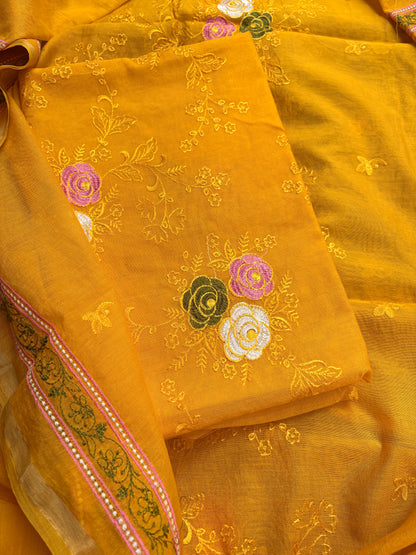 Yellow cotton embroidered suit set