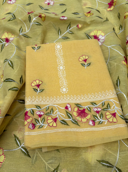 Yellow cotton linen embroidered 3 piece suit set
