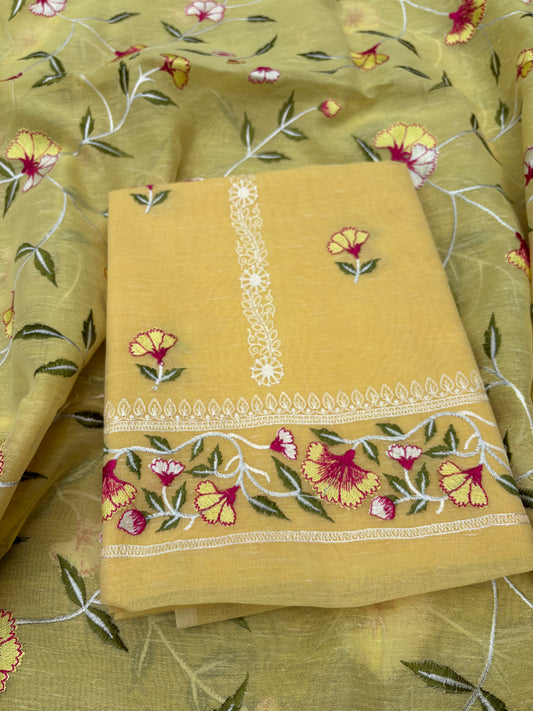 Yellow cotton linen embroidered 3 piece suit set