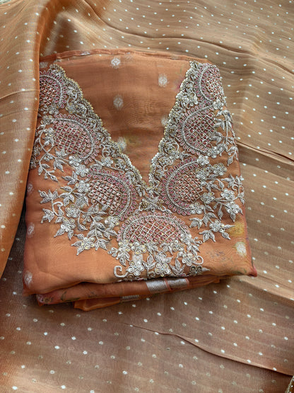 Pure kora hand embroidery suit with tissue silk dupatta ,Satin lower