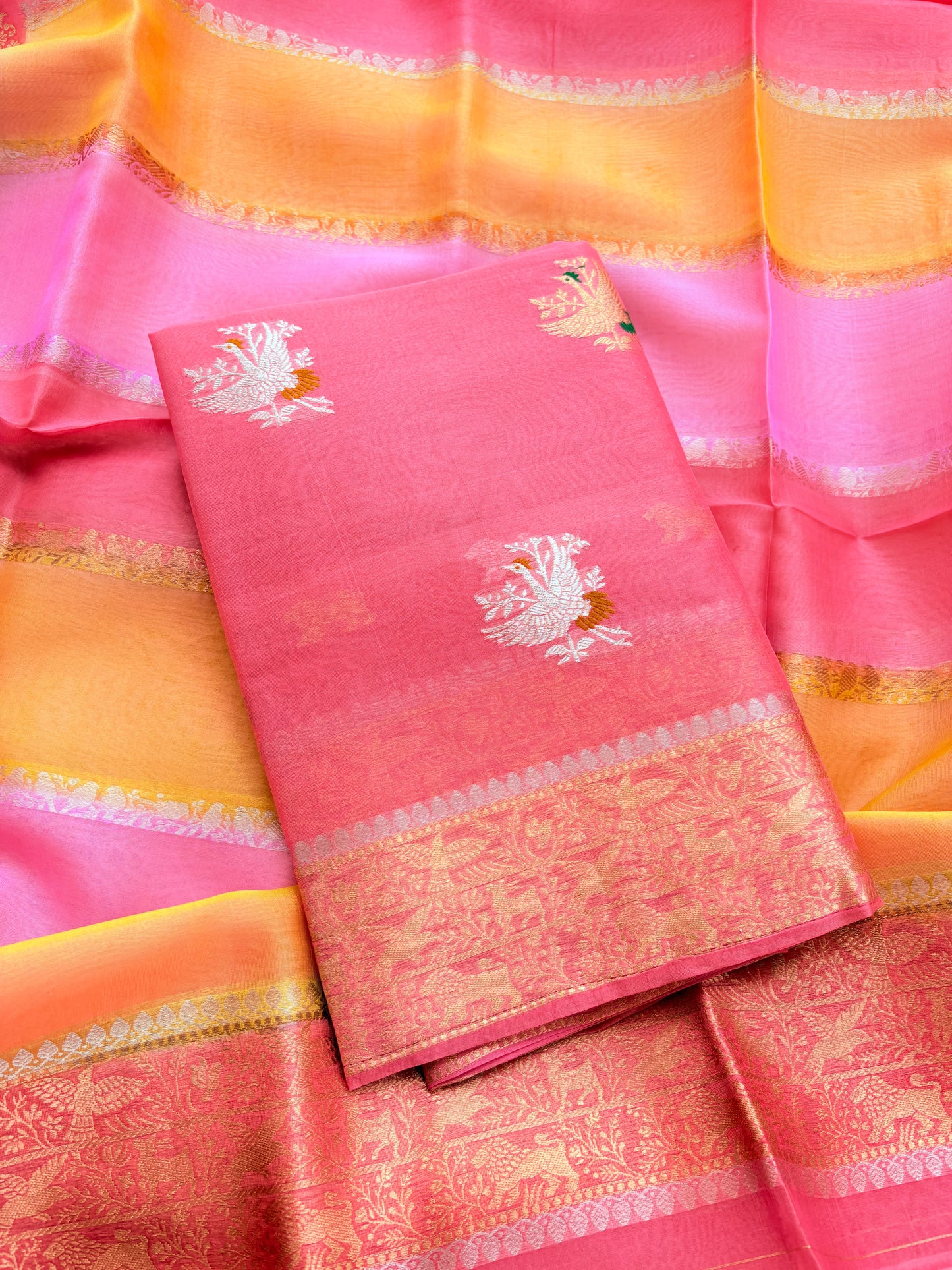 Peach pink Kora silk suit with Kora silk shaded dupatta