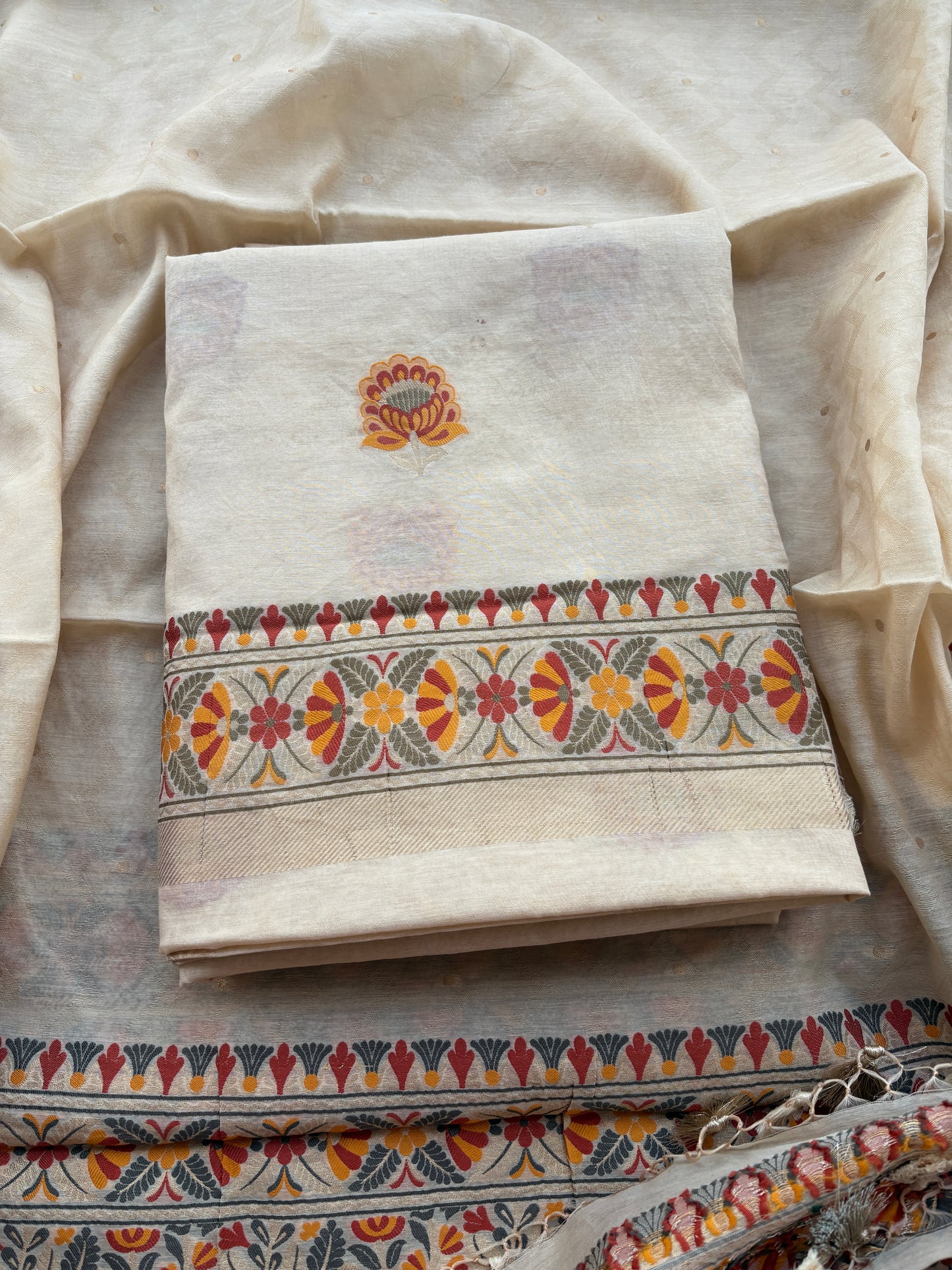 Cream Meenakari tilfi weaving Chanderi suit set