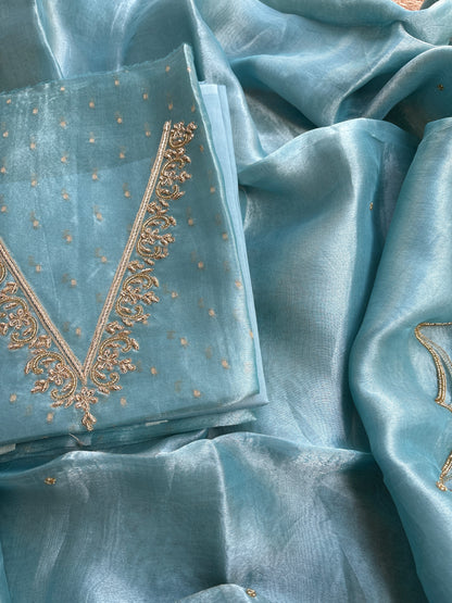 Blue tissue embroidered suit set