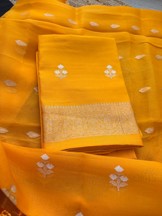 Yellow kora kadhwa silk suit set