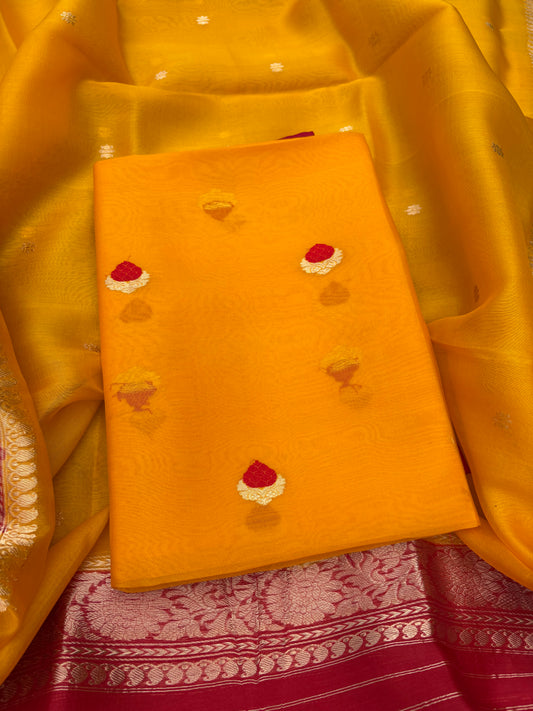 Mustard Kora kadhwa suit with red shaded dupatta