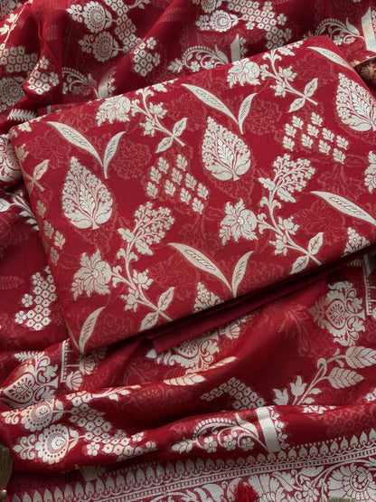 Red Khaddi georgette handwoven suit set