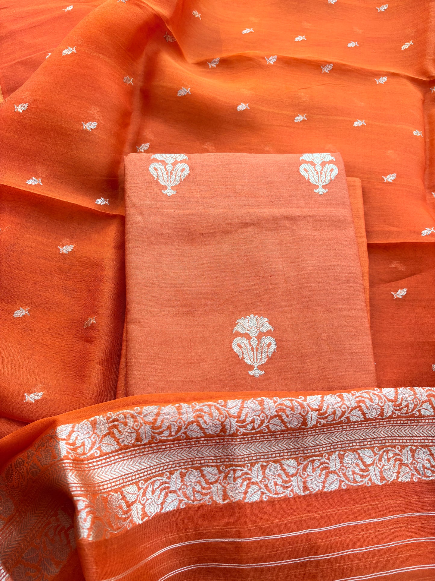 Rust moonga silk suit with kora kadhwa dupatta