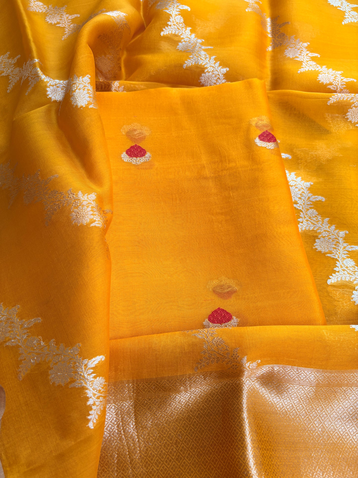Yellow kora kadhwa silk suit set