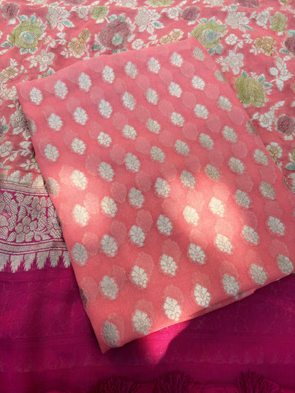 Peach Khaddi georgette, handbrushed dupatta, plain bottom