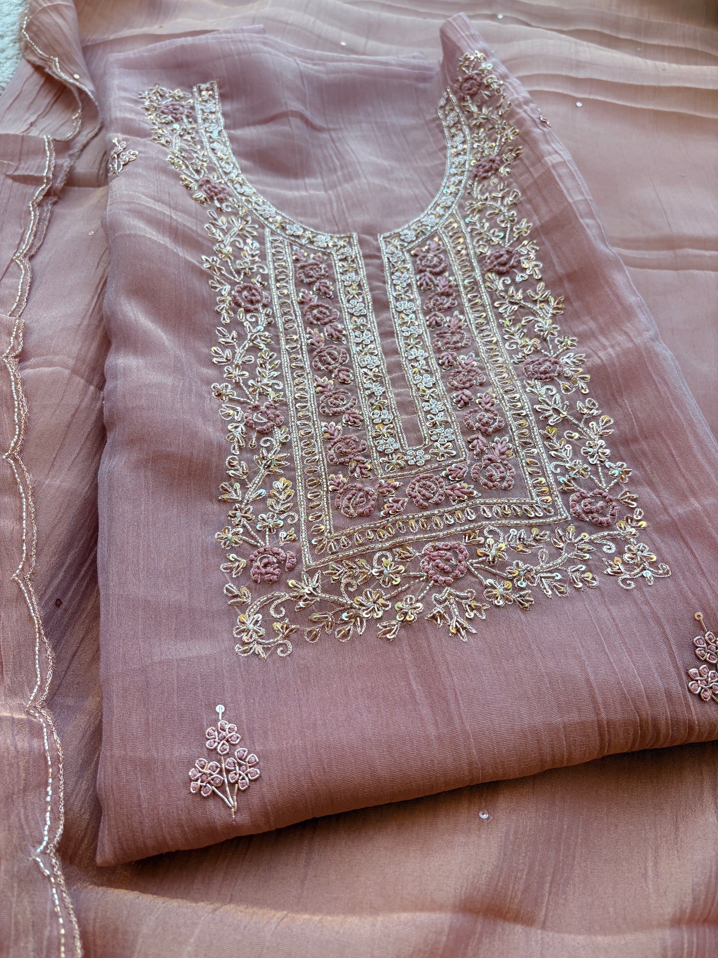 Pink hand embroidered tissue silk suit set