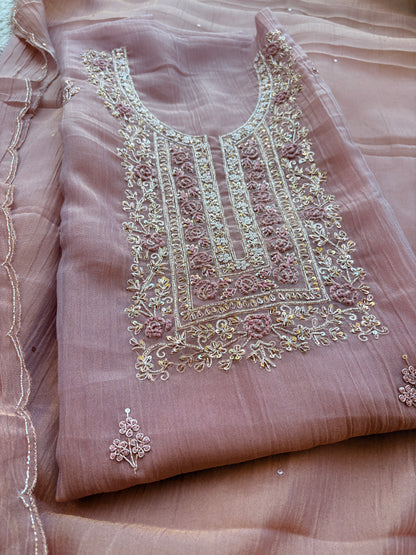 Pink hand embroidered tissue silk suit set