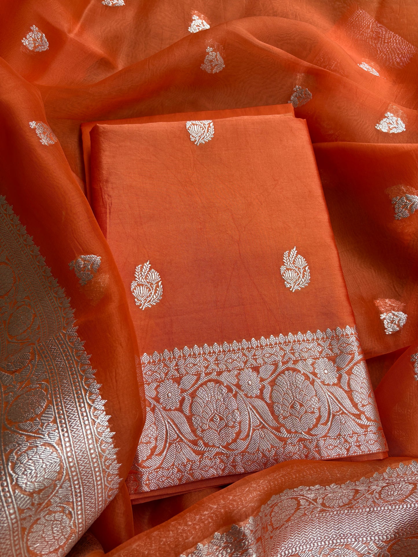 Orange Chiniya kora silver zari suit set