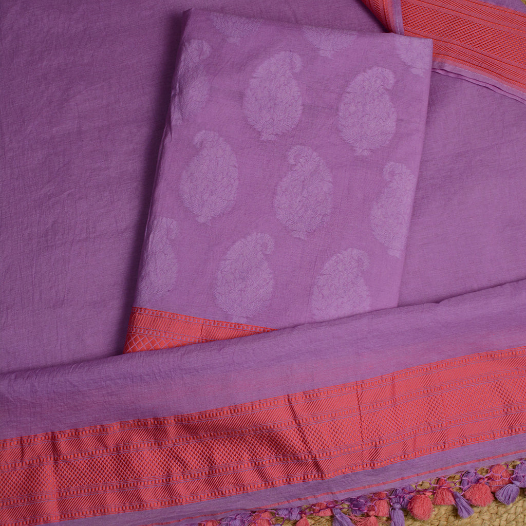 Purple cotton self weaving suit set