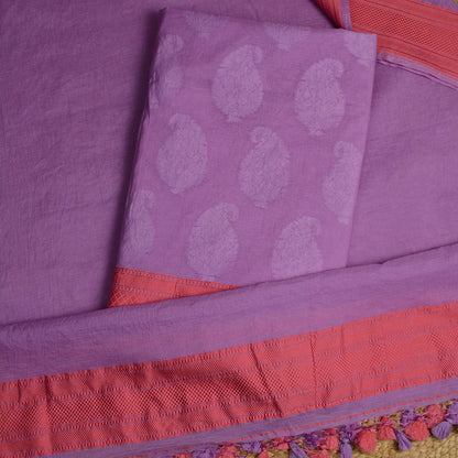 Purple cotton self weaving suit set