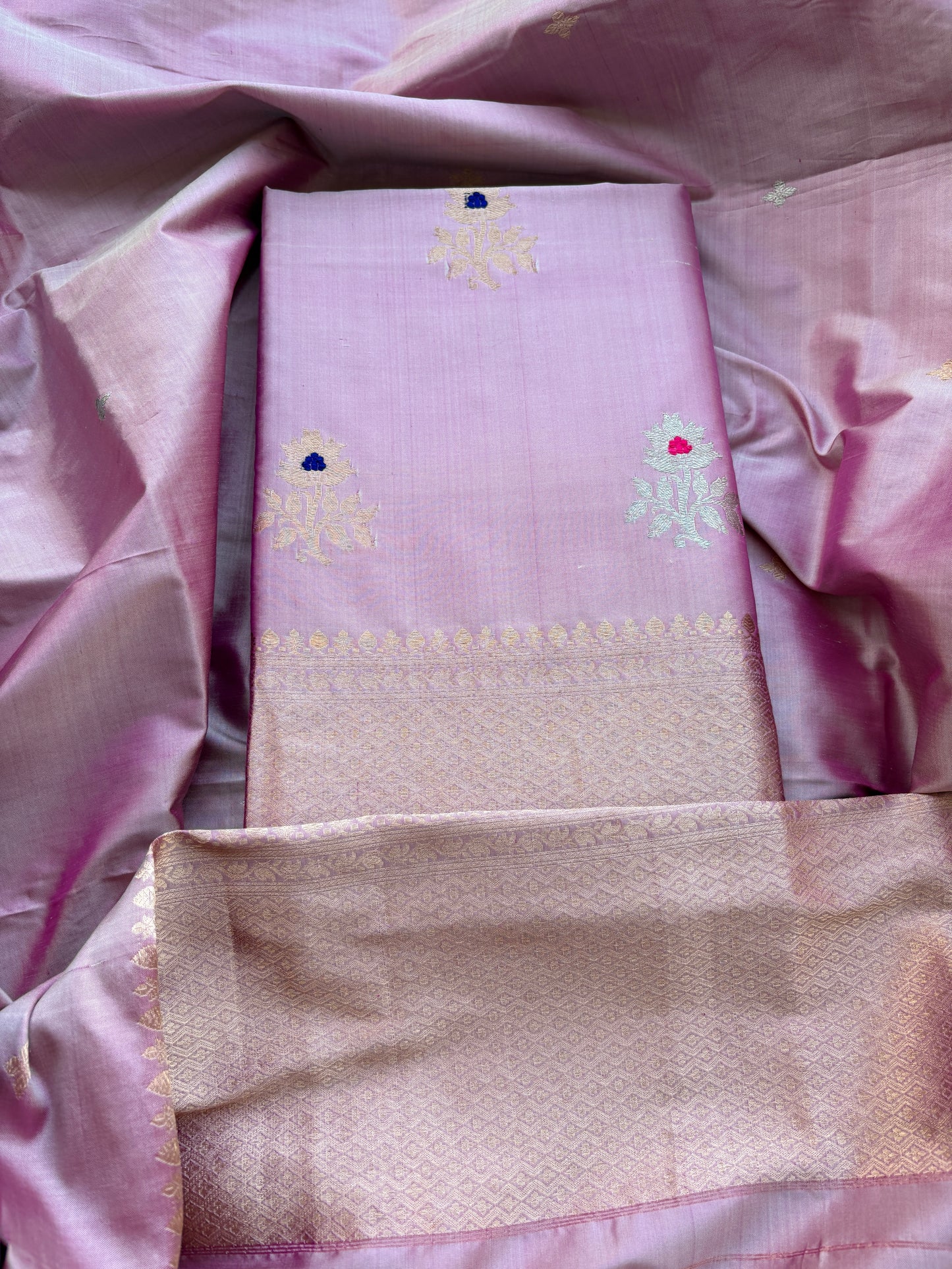 Pink lavender katan by katan silk kadhwa suit set