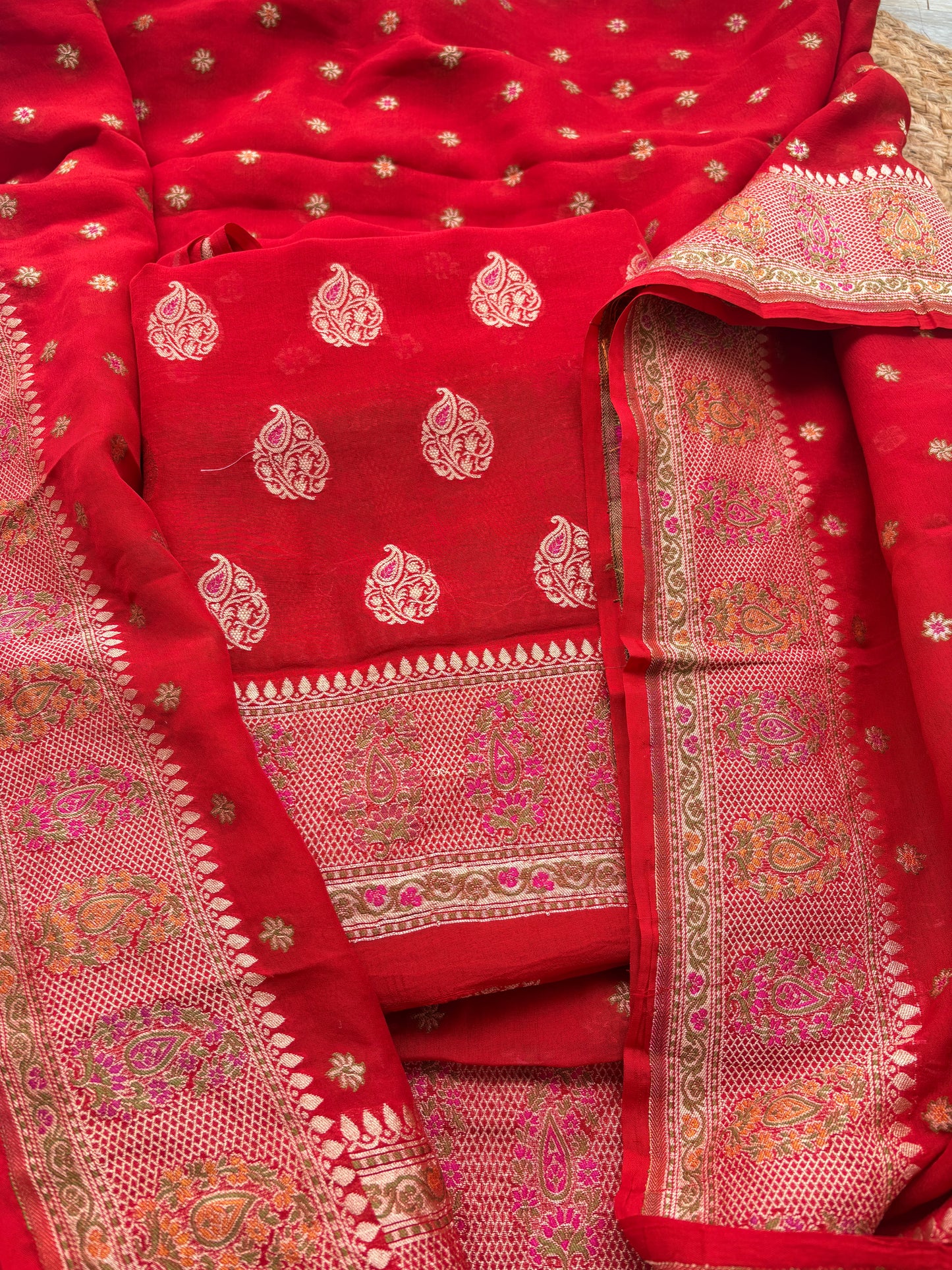 Red Khaddi chiffon meenadar suit set