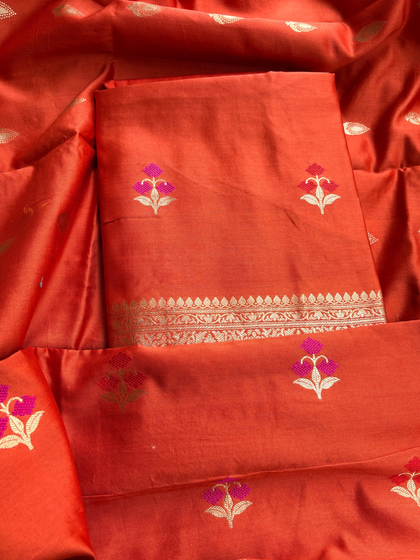 Rust orange Chiniya silk kadhwa suit set.