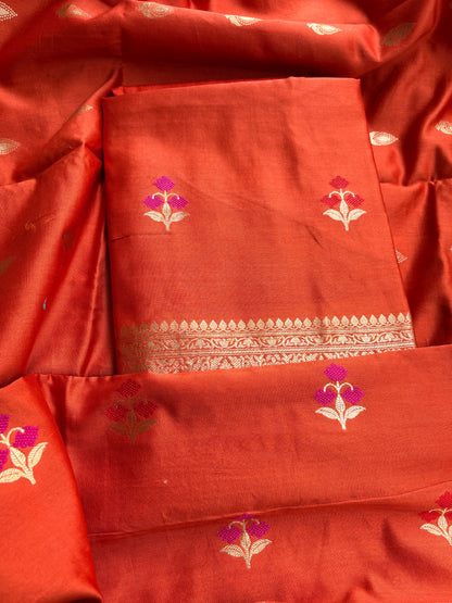 Rust orange Chiniya silk kadhwa suit set.