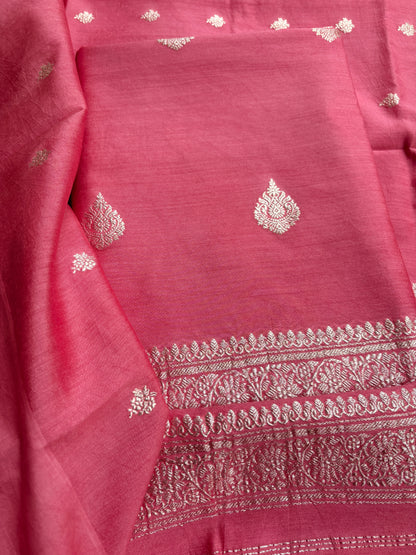 Peach moonga silk silver zari 3 piece suit set