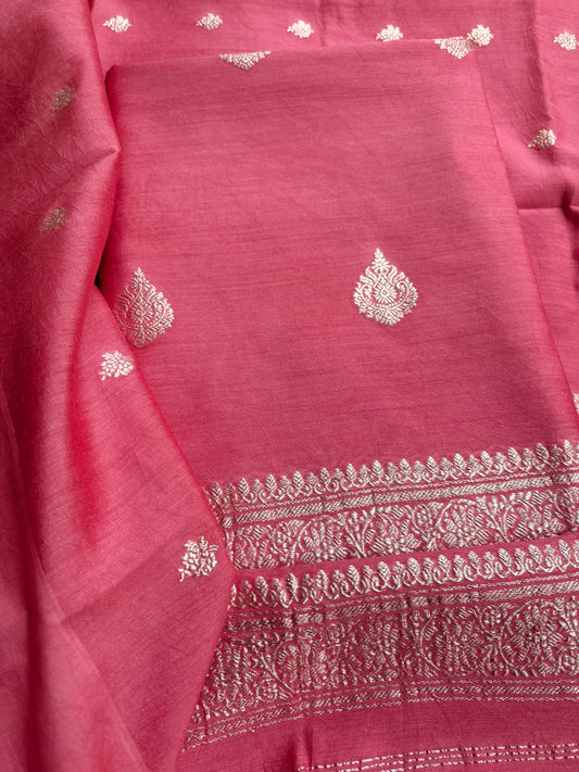 Peach moonga silk silver zari 3 piece suit set
