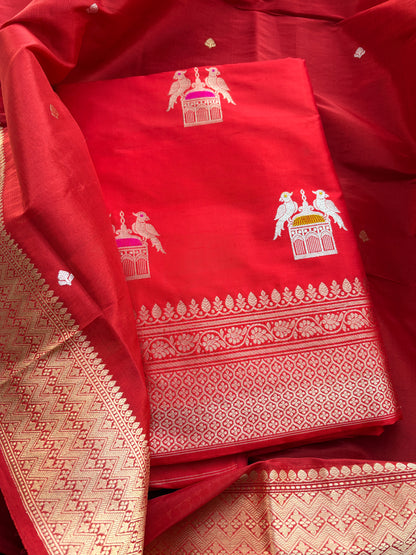 Red katan by katan silk kadhwa suit with tissue dupatta