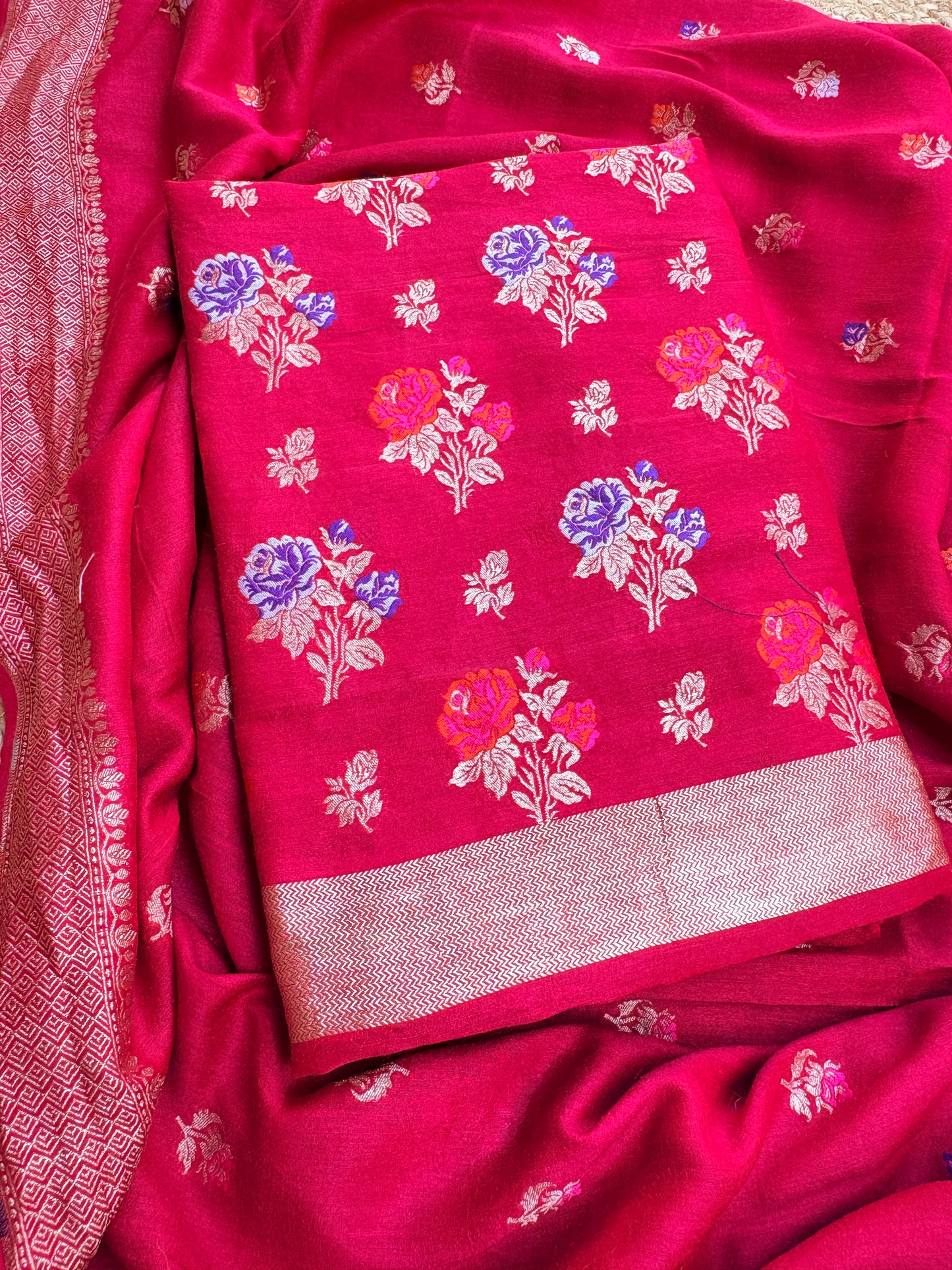 Red moonga silk meenadar flower weaving suit set