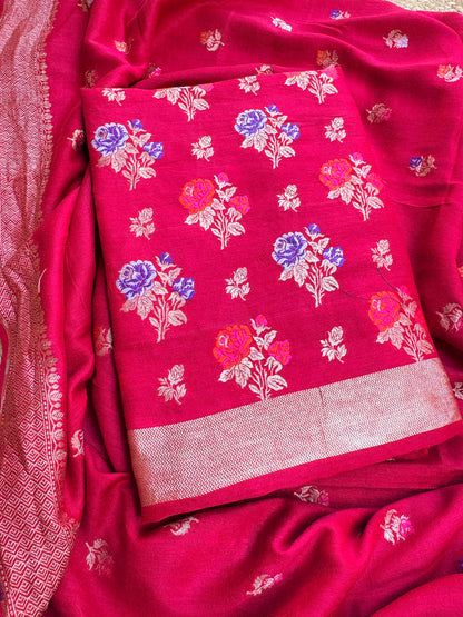 Red moonga silk meenadar flower weaving suit set