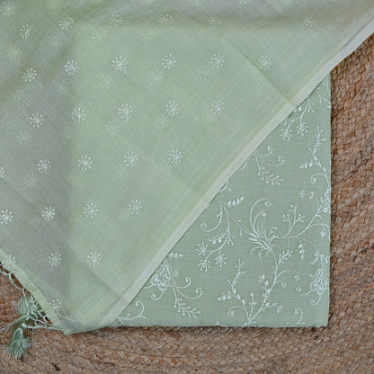 Green embroidered mul chanderi suit set