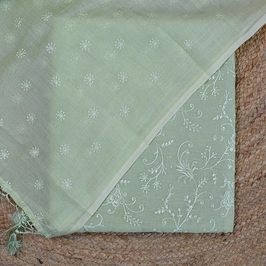 Green embroidered mul chanderi suit set