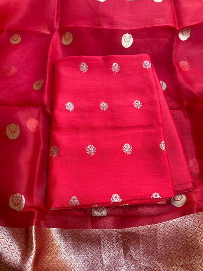 Red chiniya silk kurta, kora silk dupatta, plain bottom