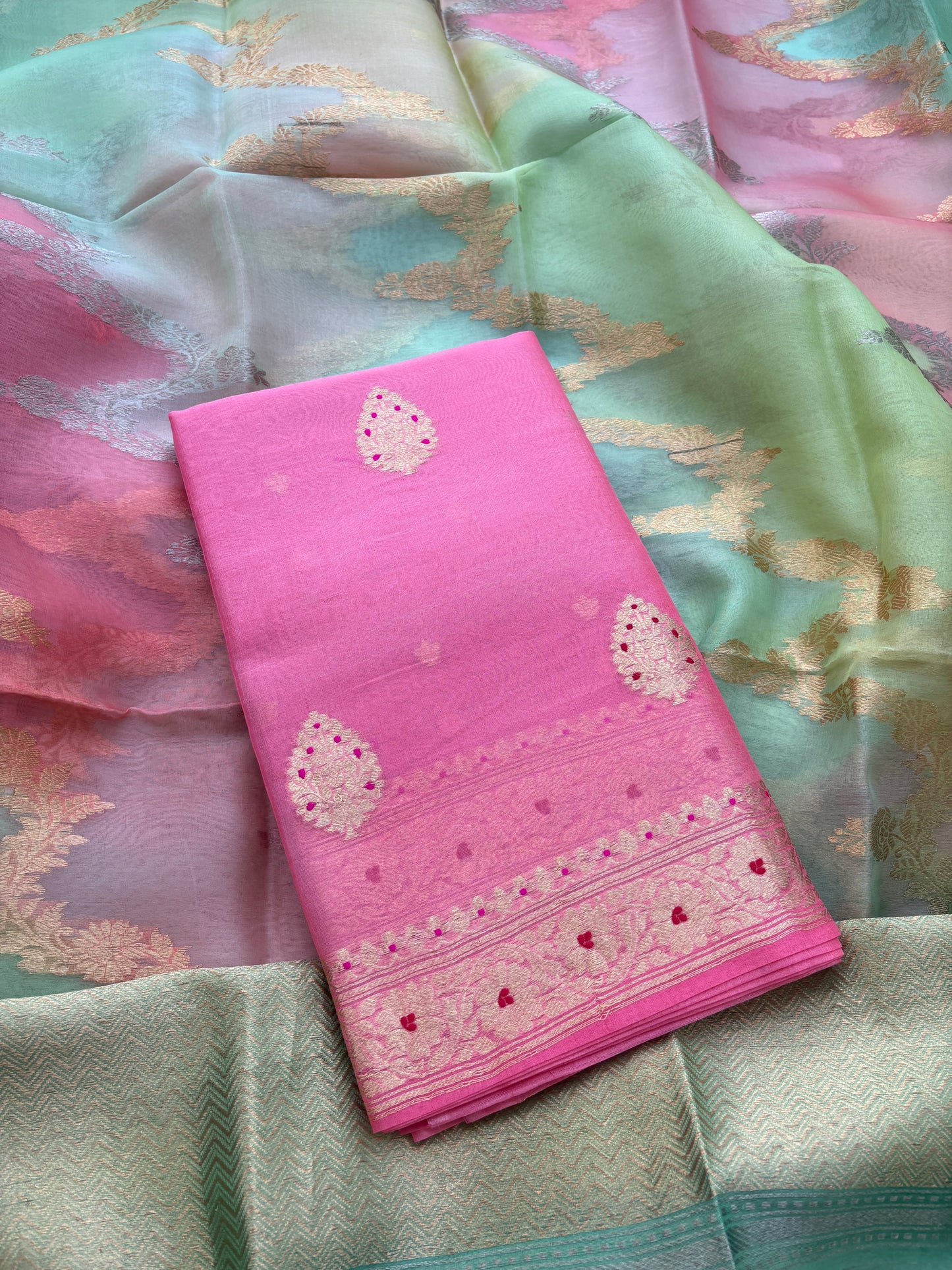 Pink kora silk with rangkata dupatta